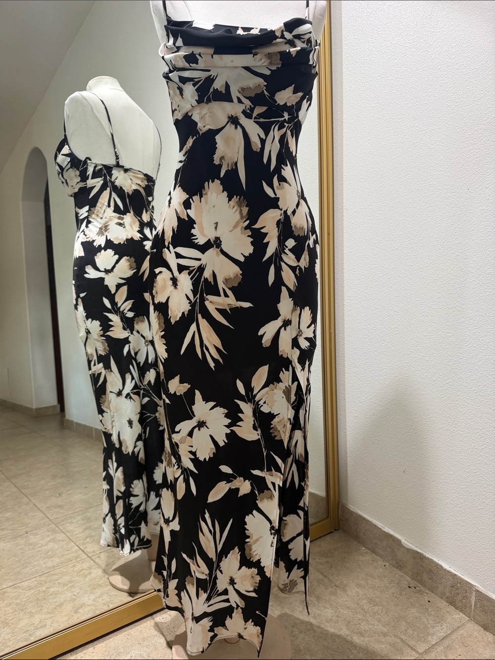 connected apparel Black Maxi Slip Dress with Cream Floral Print